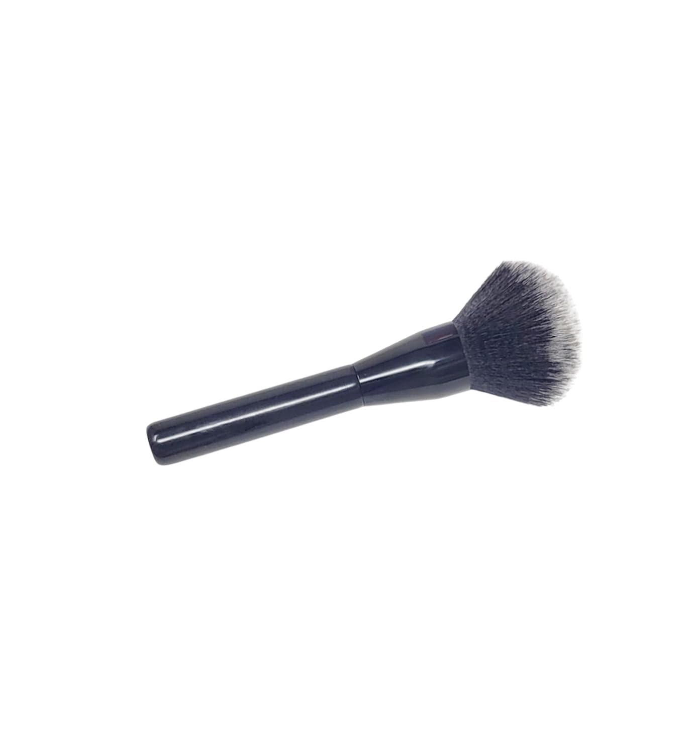 Triangular-shaped kabuki brush with a long, glossy black handle. Featuring fluffy and soft bristles, ideal for applying bronzer, setting powder, and loose powder on both the face and body.